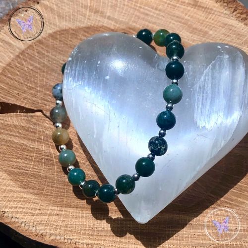 Moss Agate Silver Bead Bracelet